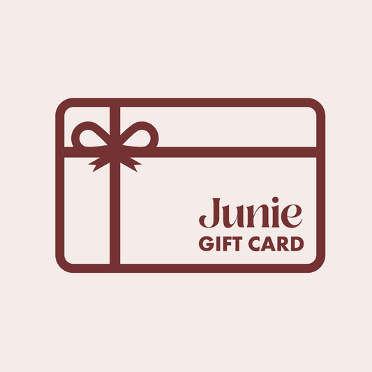 Gift card design with a bow and 'Junie' branding on a soft pink background
Junie gift card with soft pastel design, perfect for hair care lovers