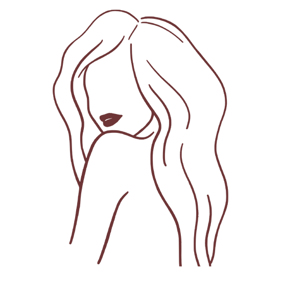 Junie line drawing of a woman looking over her shoulder with long flowing hair, symbolising quick-drying hair towel