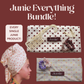 Promotional graphic for the 'Junie Everything Bundle!' showing hair accessories and a matching polka-dot quick dry hair towe branded 'Junie'. A child wearing a matching polka-dot hair towel is pictured on the left.